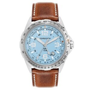New Torgoen TN-1284 T21 Ice Blue Sapphire 44mm Leather Strap Watch